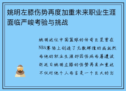 姚明左膝伤势再度加重未来职业生涯面临严峻考验与挑战