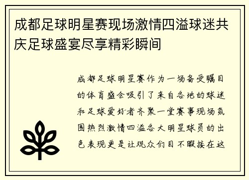 成都足球明星赛现场激情四溢球迷共庆足球盛宴尽享精彩瞬间